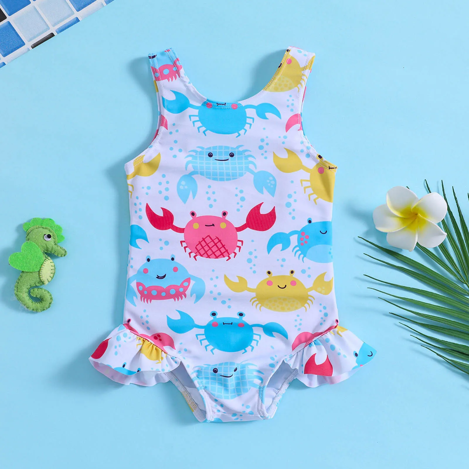 

Summer Cute Bikinis Toddler Girls Ruffles Cartoon Printed 1 Piece Swimwear Vacation Beachwear Swimsuit Girl Pretty Bathing Suit