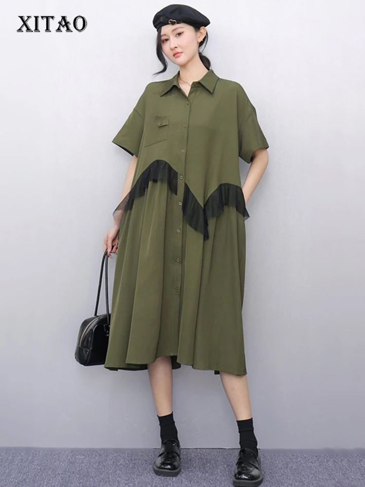 

XITAO Gauze Loose Ruffles Dress Patchwork Solid Color Single Breasted New Arrival Slimming Summer Female Shirt Dress ZMY1236