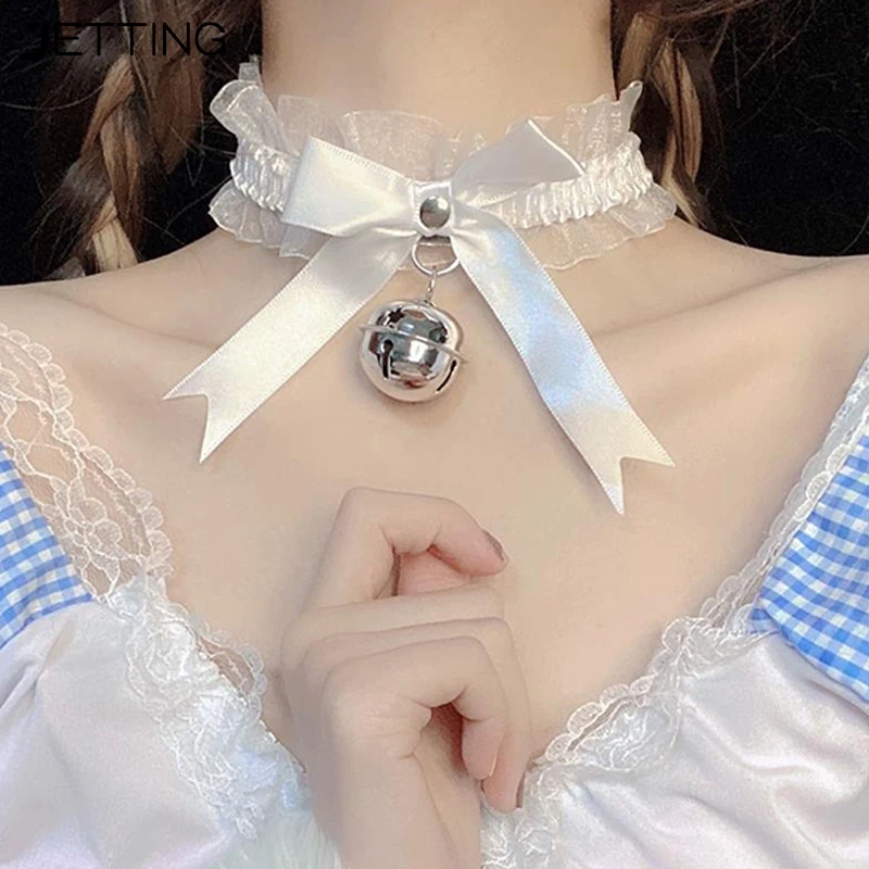 Collar de encaje con lazo blanco para niña, Gargantilla de campana pequeña, cadena de clavícula, joyería para el cuello, banda para el cuello, accesorios sexuales