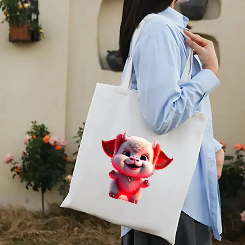 Cute Red Cartoon Baby Devil Pig Print Canvas Tote Bag Women Casual Fashion Handbag Perfect Gift for Friends Daily Shopping