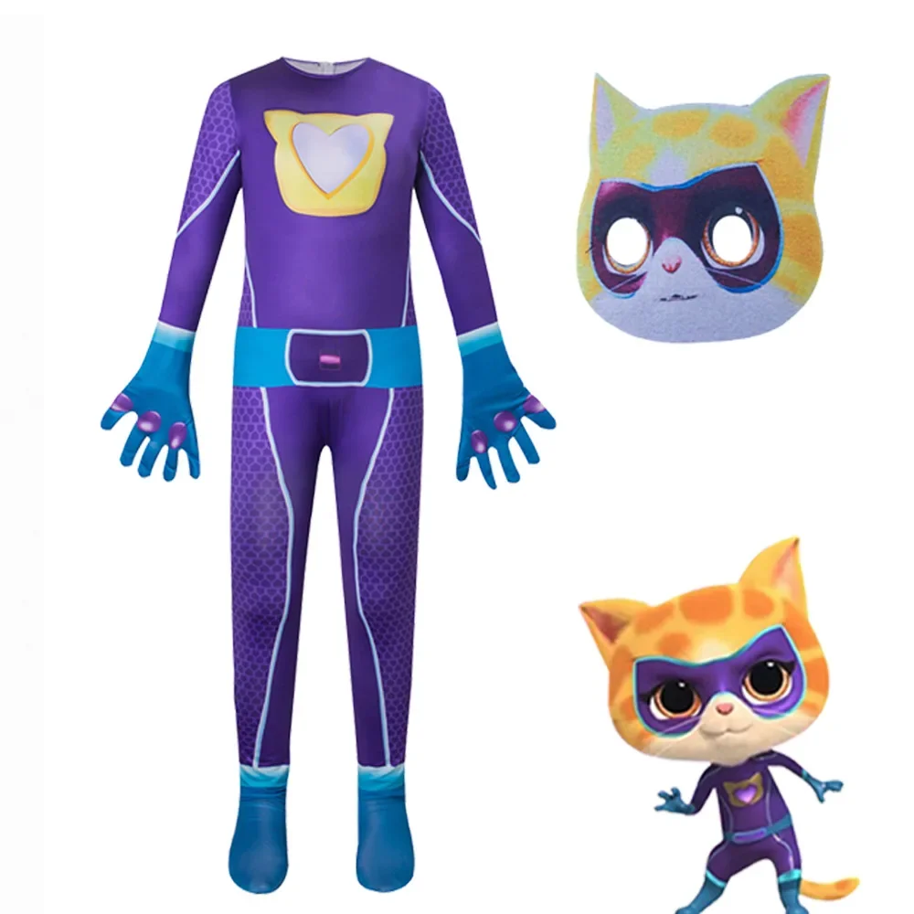 Super Kitties Jumpsuit Birthday Party Super Kitties Cosplay Halloween Costumes Bodysuit Outfit Mask Suit Super Cat Kids