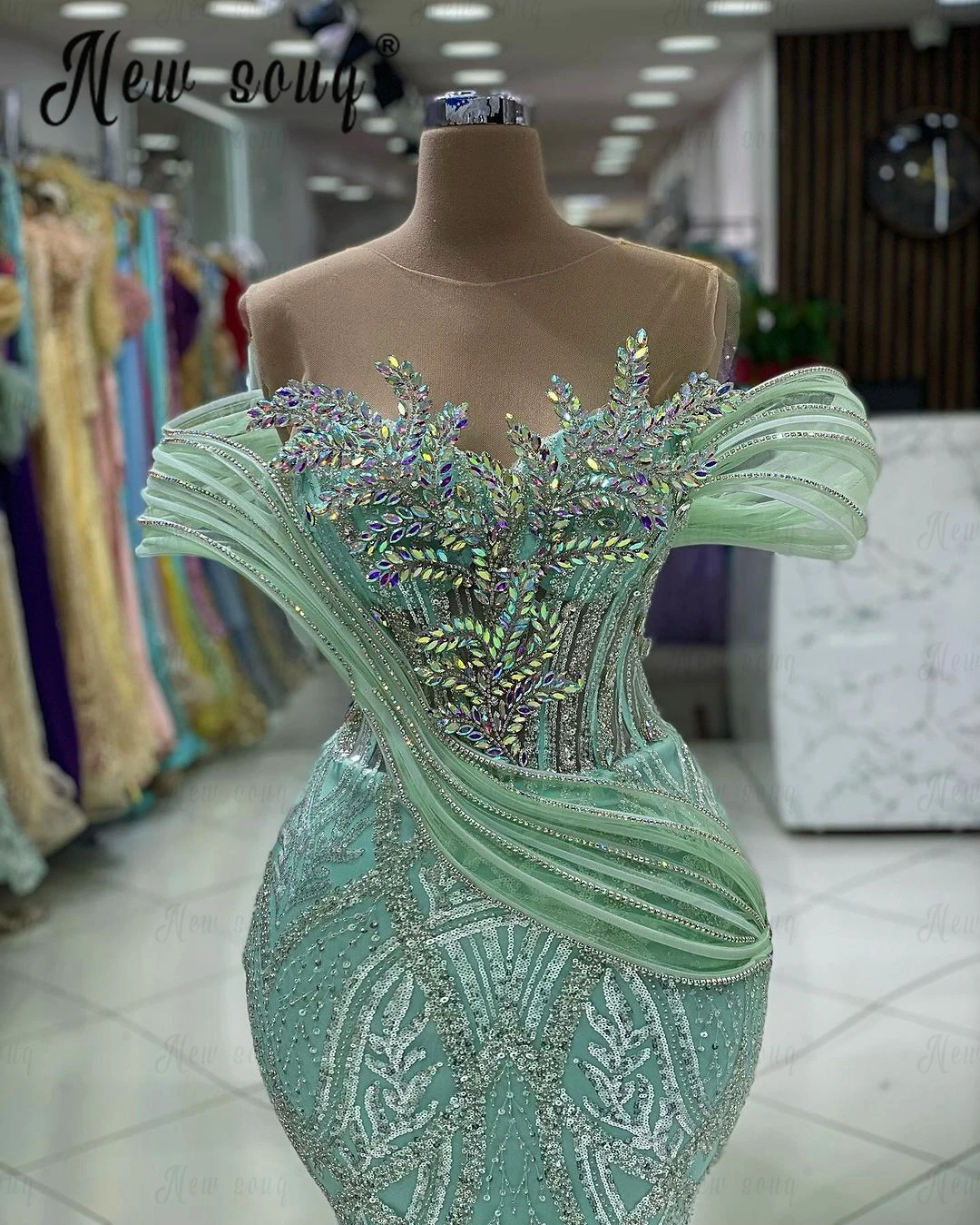 Fashion Turquoise Off Shoulder Evening Dress With Sparkly Crystals Mermaid Formal Wedding Party Gowns for 2024 Women Custom Prom