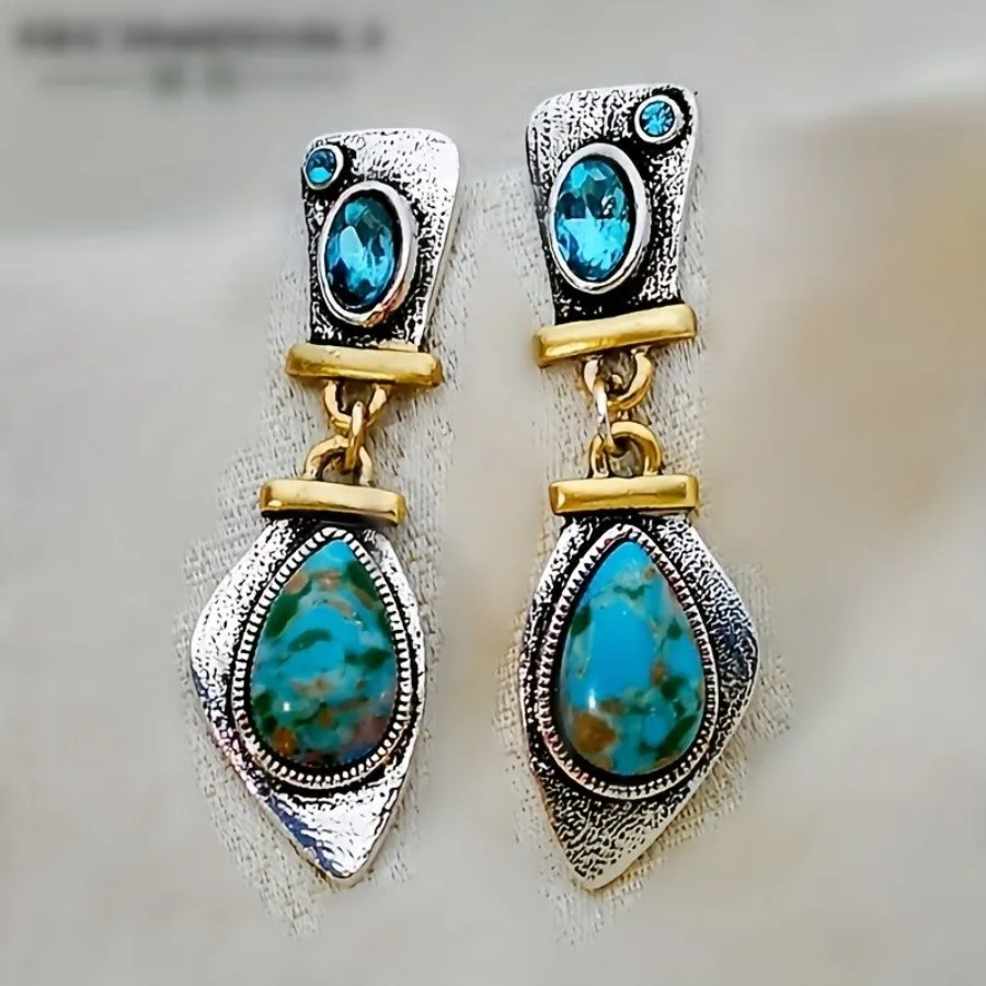 Boucles d'oreilles de luxe en argent antique, Turquoise colorée, bijoux d'oreille plaqués argent 925 haut de gamme