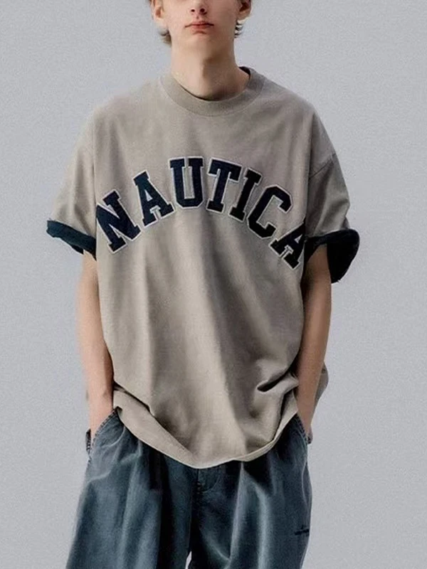 

Retro Japanese Sle Men's T-irt round Ne ort Sve Embroidered Lettering Loose Fit Casual Cotton y Top