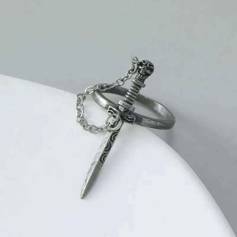 Fashion New Gothic Dark Cross Sword Ring Personalised Chain Tassel Skull Sword Ring Men's & Women's Holiday Party Accessories