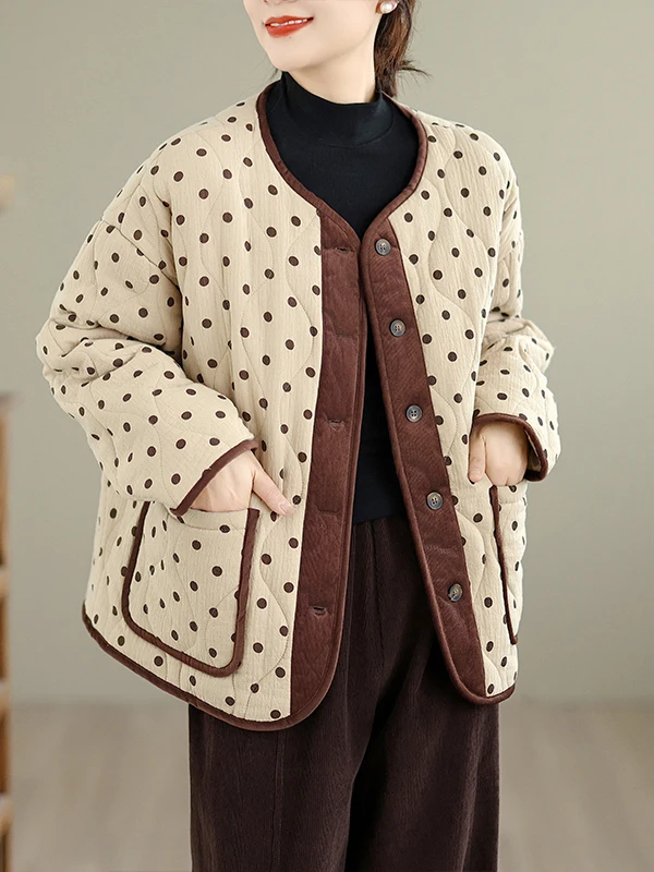Retro Sle Dames Winter Katoen Jaet Ronde Ne Polka Dot Veelzijdige Jas Koreaanse Sle Pendelen Rechte Buis Lange Sve