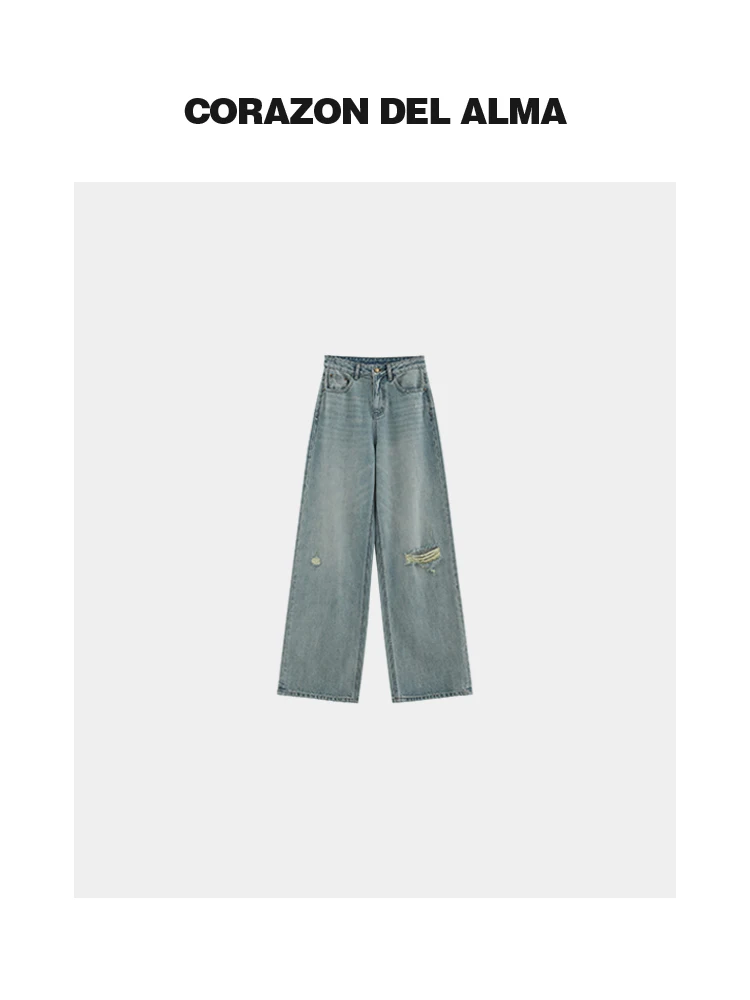 

Hailin Soft Draping Cool Feeling Lyocell Cotton Retro Enzyme Washed Hole Slim Straight Jeans 7052 High Waist Commute Style Blue