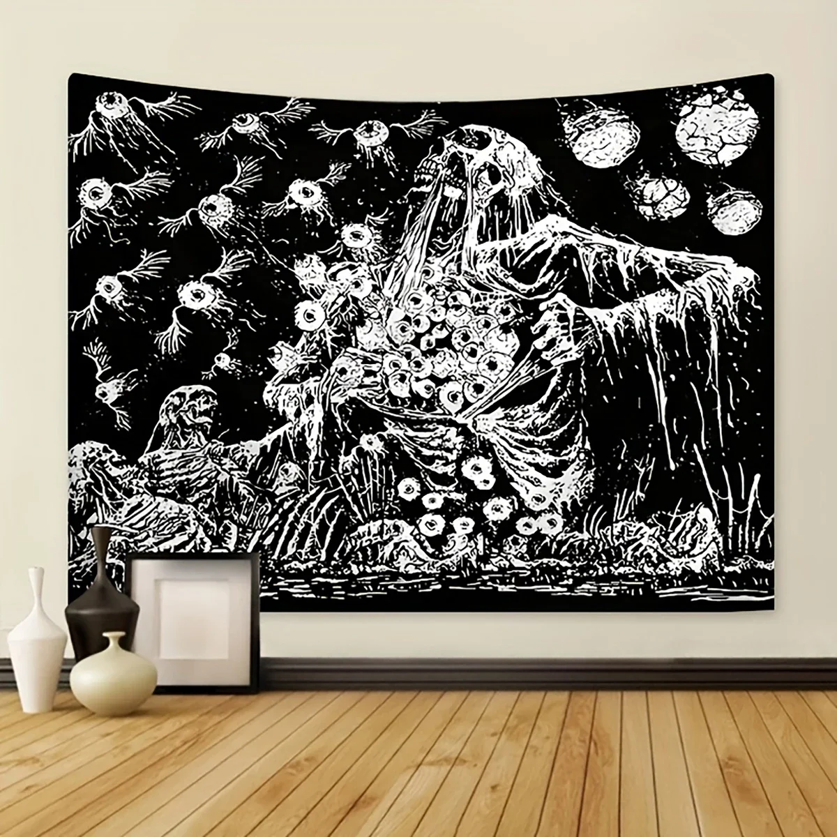 Tapestry,  Black and White Skull Tapestry, Moth Tarot Card Sun Moon Constellation Tapestry, Halloween Horror Tapestry