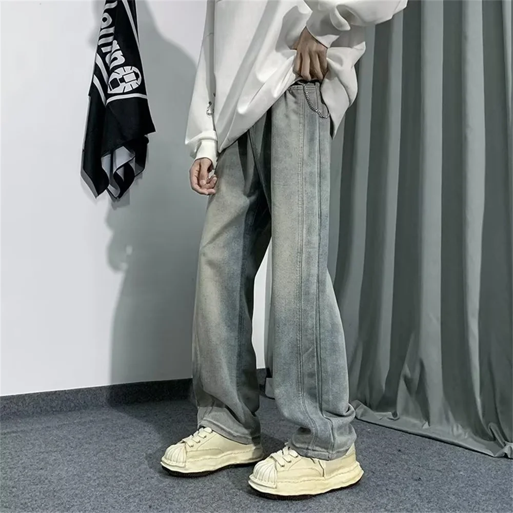 Loose Jeans Mens Floor Dragging Trousers Light Color Straight Tube Washed Retro Made Trendy Brand Youth PANTS Wide Leg