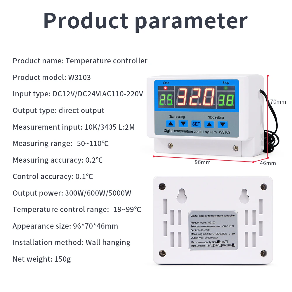 W3103 Digital Temperature Controller AC 110-220V High Power 30A Automatic Thermostat Heat/Cooling/Timing Adjustable Temperature