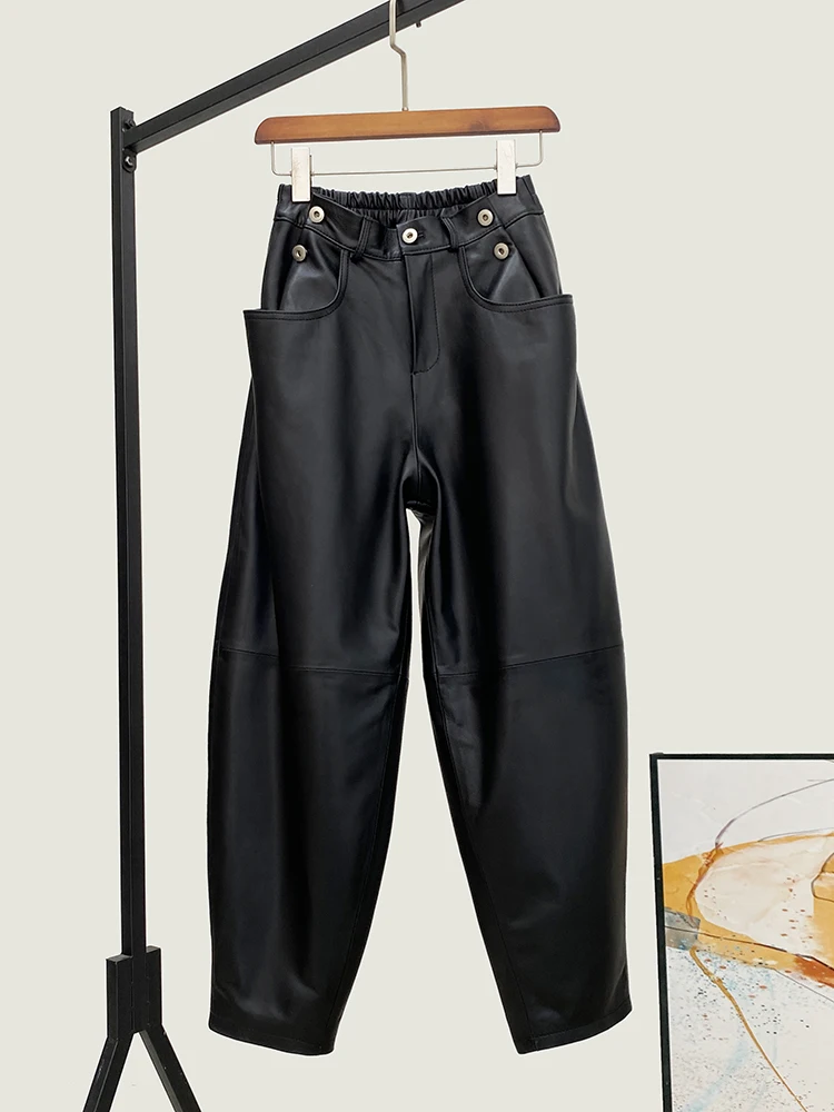 Winter New High Quality Genuine Real Leather Cropped Pants Women's Fashionable All-Match Waist Loose Sheepskin