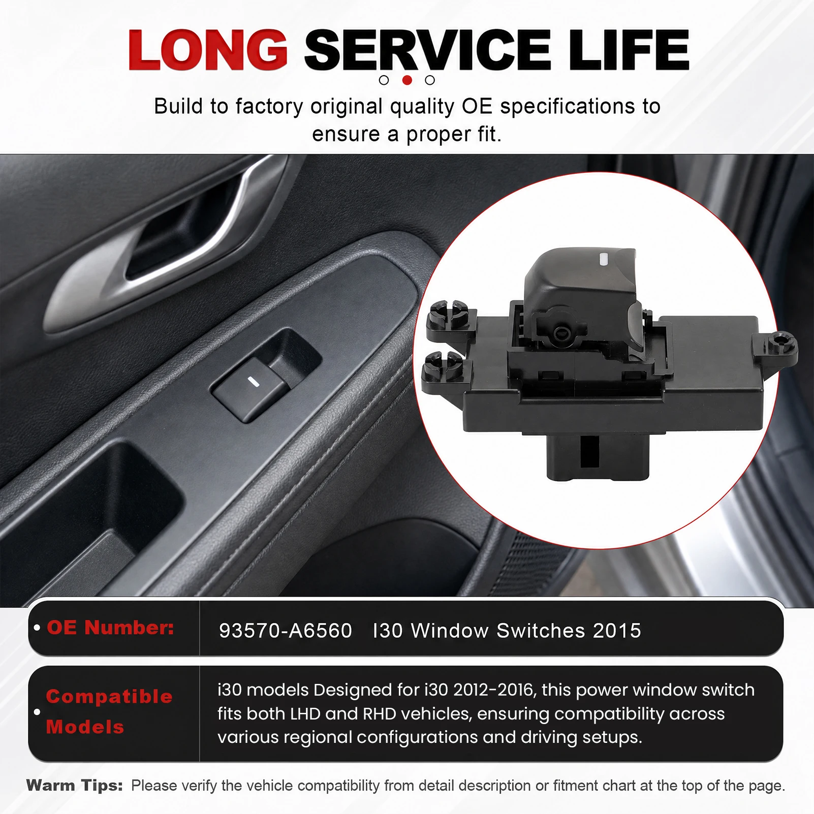LHD RHD Fensterheberschalter vorne links rechts für Hyundai I30 2012 2013 2014 2015 2016 Einzel-Fensterheberschalter 93570-A6560 – Detail 4