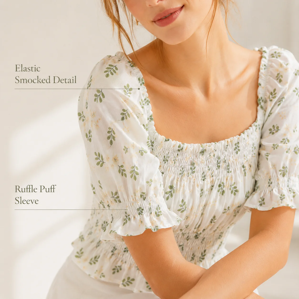 Women Floral Smocked Blouse Square Neck Puff Sleeve Ruffle Peplum Summer Crop Top