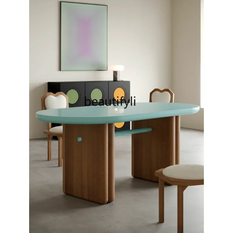 

S Customized Mid-Ancient Solid Wood French Oval Dining Table Cream Style Small Apartment Paint Designed by a Maestro Nordic Styl