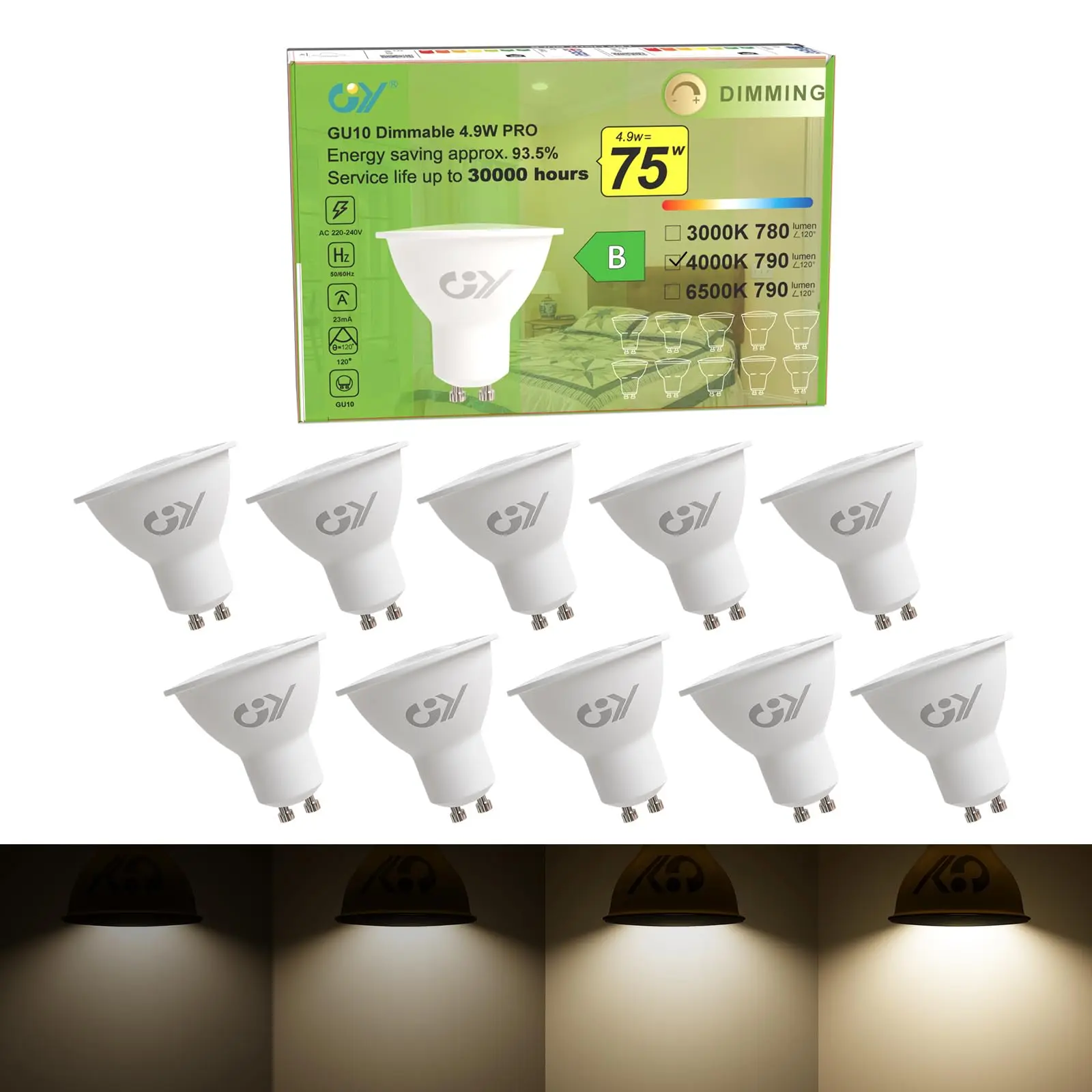 

GY GU10 LED Bulb Dimmable 4.9W 790lm Energy Class B Spotlight Lamp Replaces 75W Halogen Light 120° Beam Angle