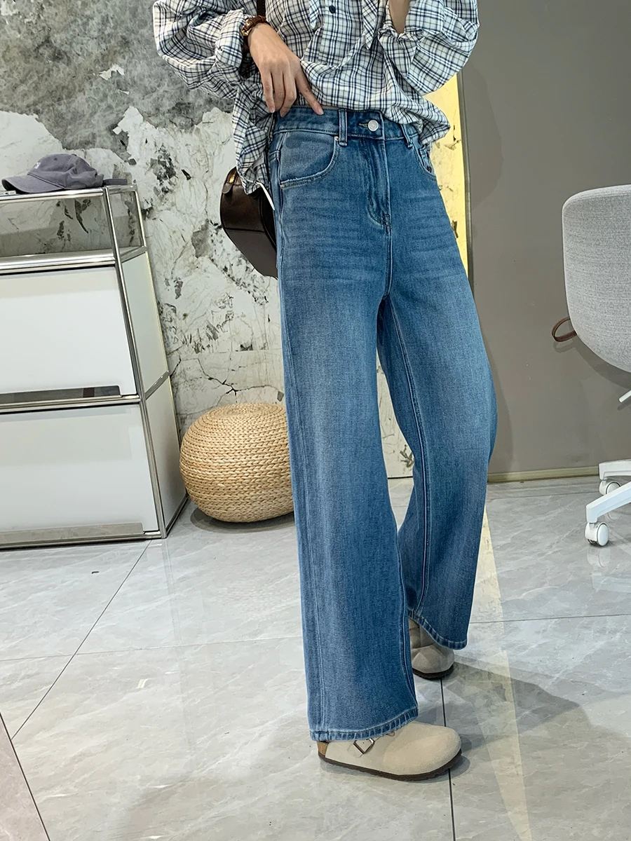 

Slim Fit High Waist Straight Leg Jeans Blue Denim Women's Spring Wide Leg Pants Four Way Stretch Cotton Blend Tummy Control