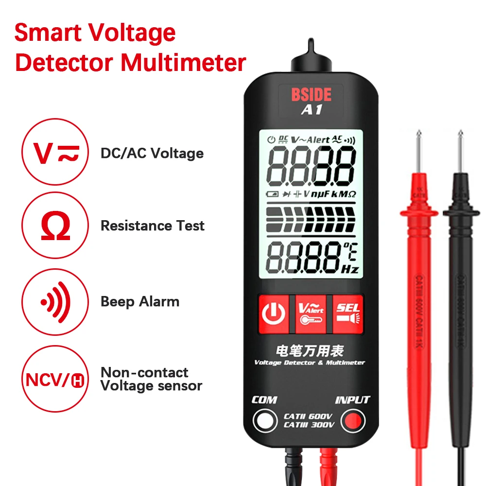 Multimeter detektor tegangan Mini cerdas, Multimeter Mini cerdas 2000 hitungan dengan senter LED, resistansi frekuensi tegangan DC/AC Digital LCD