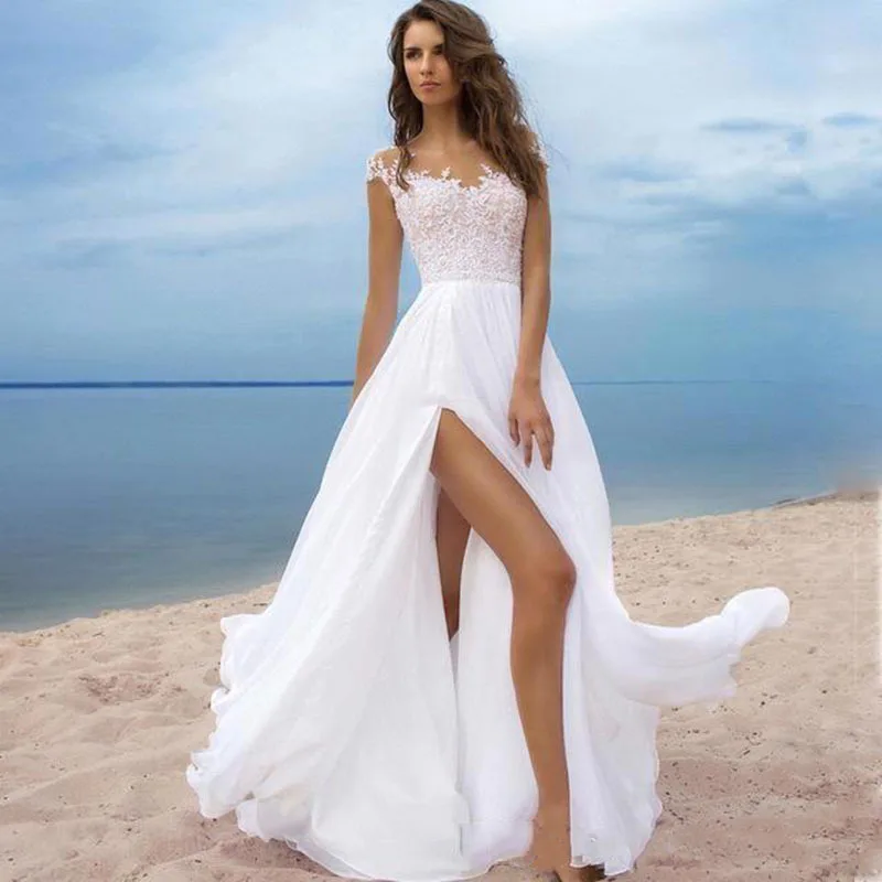 

White Wedding Dress Chiffon Sleeveless Floor Length Bridal Gowns A-Line Backless Sexy Side Slit robes de soirée свадебное платье