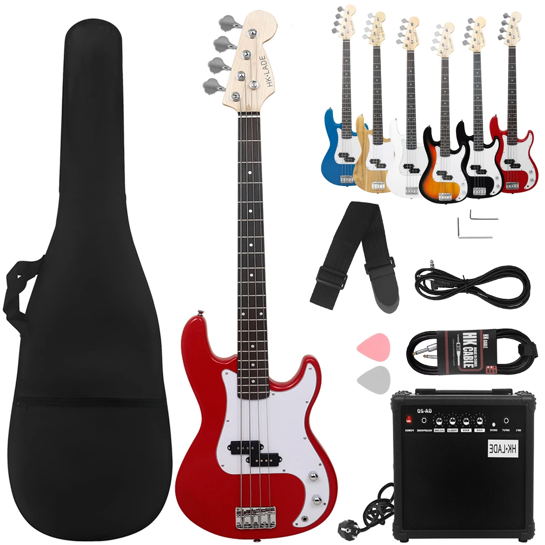 Red HK.LADE 20 Frets Electric Bass Guitar Maple Neck Body 4 Strings Bass Guitar with Amplifier Strap Bag Picks Parts