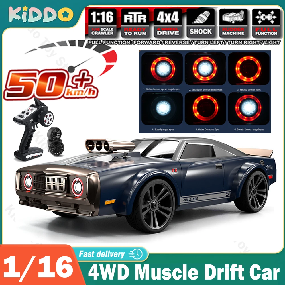 50KM/H RC Car 4WD 1:16 With LED Remote Control Muscle Cars High Speed Drift Racing Vehicle for Kids Off Road Climbing Toys Boys