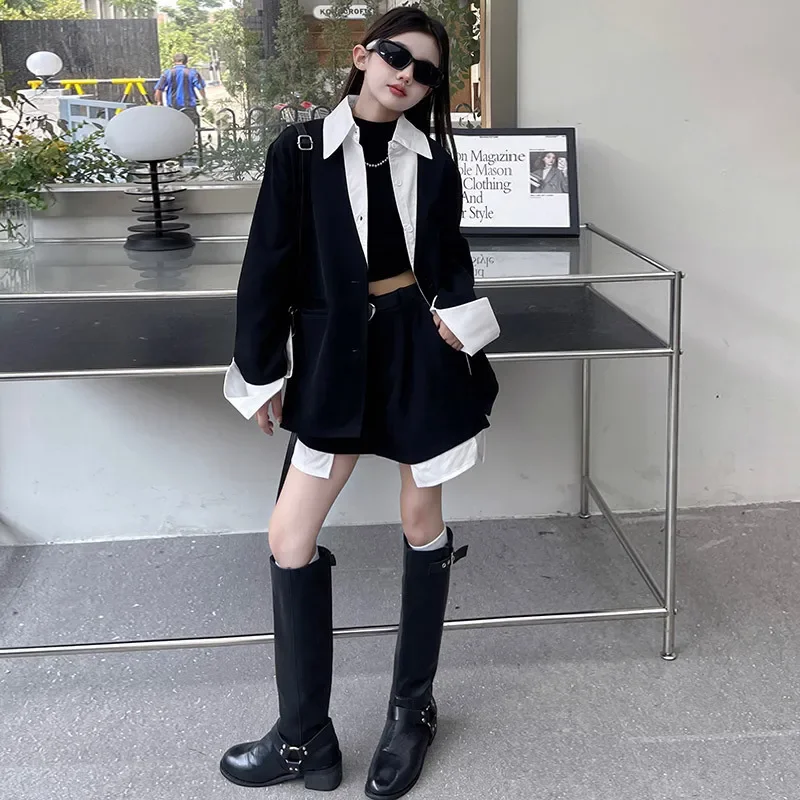 

teen girl design suit set child casual vacation clothes outfits shirt splicing jacket half body skirt pants 2pcs junior kid suit