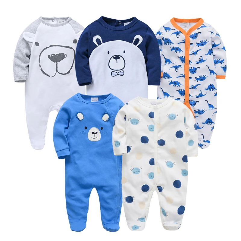 Spring Baby Boys Clothing Cotton Blue Bear Printing Kids Rompers Knit Cotton Newborn Overalls Pajamas