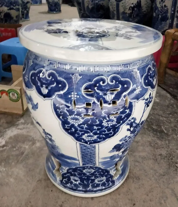 Jingdezhen ceramic stool hand-painted blue and white flower bird stool outdoor balcony toilet porcelain stool