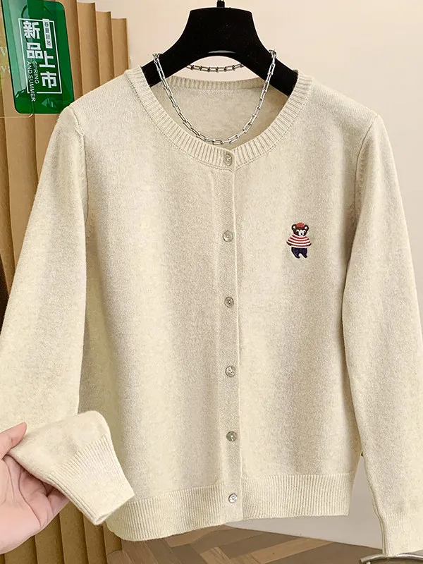 Maglione lavorato a maglia casual da donna coreano giapponese di grandi dimensioni con ricamo orso cardigan aperto adatto comodo tutto abbinato