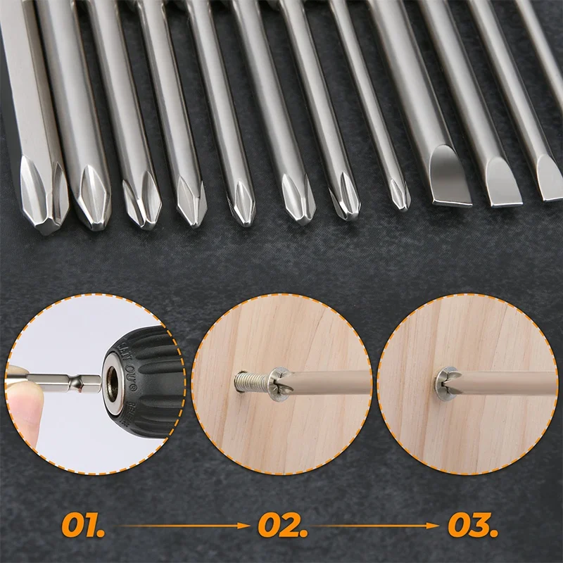 12Pcs 75mm Screwdriver Set Magentic Cross Slotted Screwdriver Bit 1/4 Inch Hex Shank Flat Impact Driver Bit