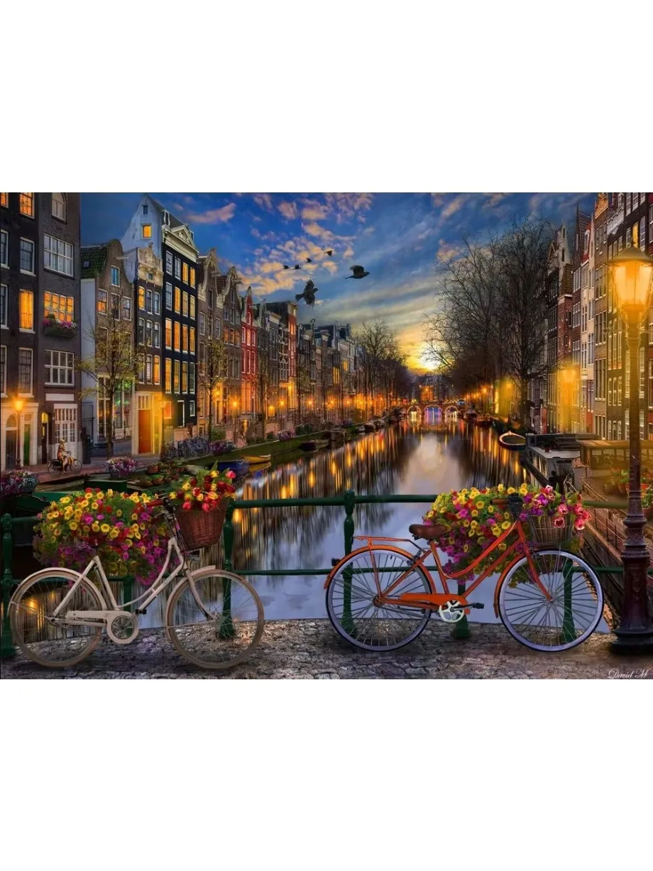 Puzzle Coucher de soleil sur le canal d'Amsterdam, scène romantique avec vélo et panier de fleurs, 500-2000 pièces, casse-tête DIY, décoration intérieure, cadeau