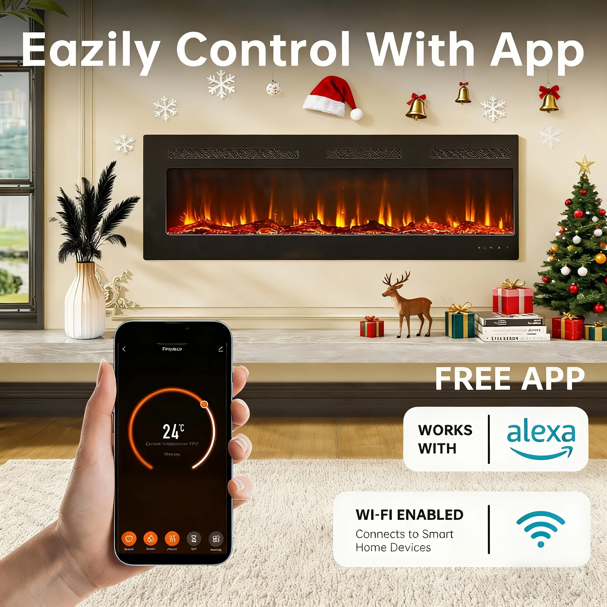 

50/60-inch Smart Electric Fireplace Heater with Realistic Flame - Wall-Mounted/Built-In Indoor Heater, Adjustable Flame Color Su