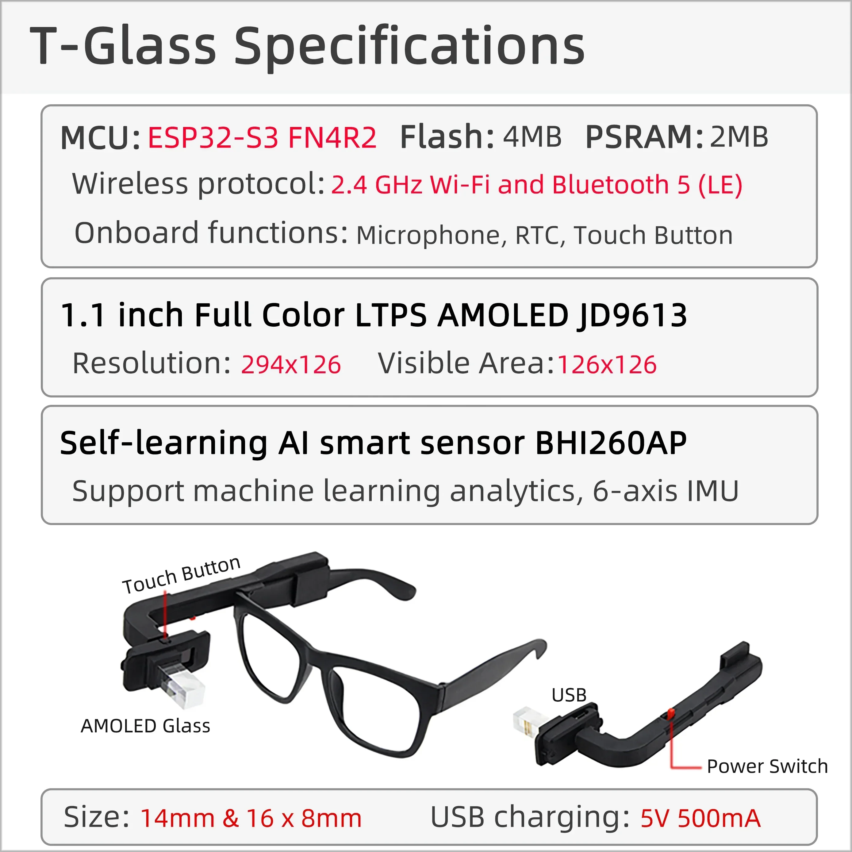 Lilygo óculos ar de vidro t ESP32-S3 1.1 polegadas módulo de exibição amoled bhl260ap auto-aprendizagem sensor inteligente suporte wifi bluetooth