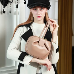 BURMINSA Genuine Leather Top Handle Go Bag For Women Mini Spherical Dumpling Purses Elegant Soft Cowhide Evening Party Handbags