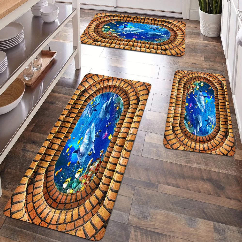 Underwater World Dolphin Carpet Kitchen Mat Bedroom Living Room Carpet Entrance Doormat Hallway Floor Mat Anti-Slip Long Rug