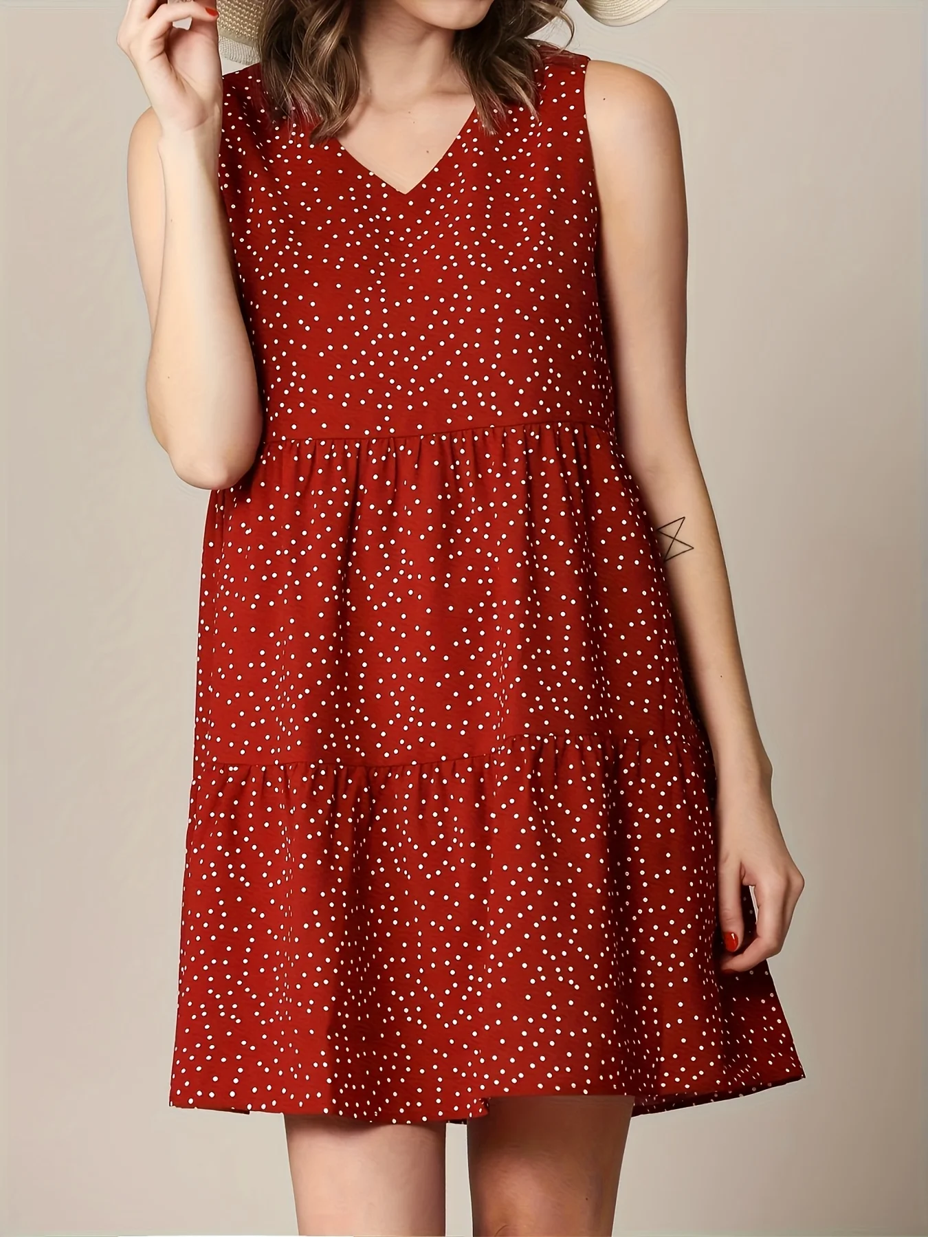 

Plus Size Women's Red Polka Dot Sleeveless V Neck Tiered Dress Casual Loose Fit Daily Party Outfit