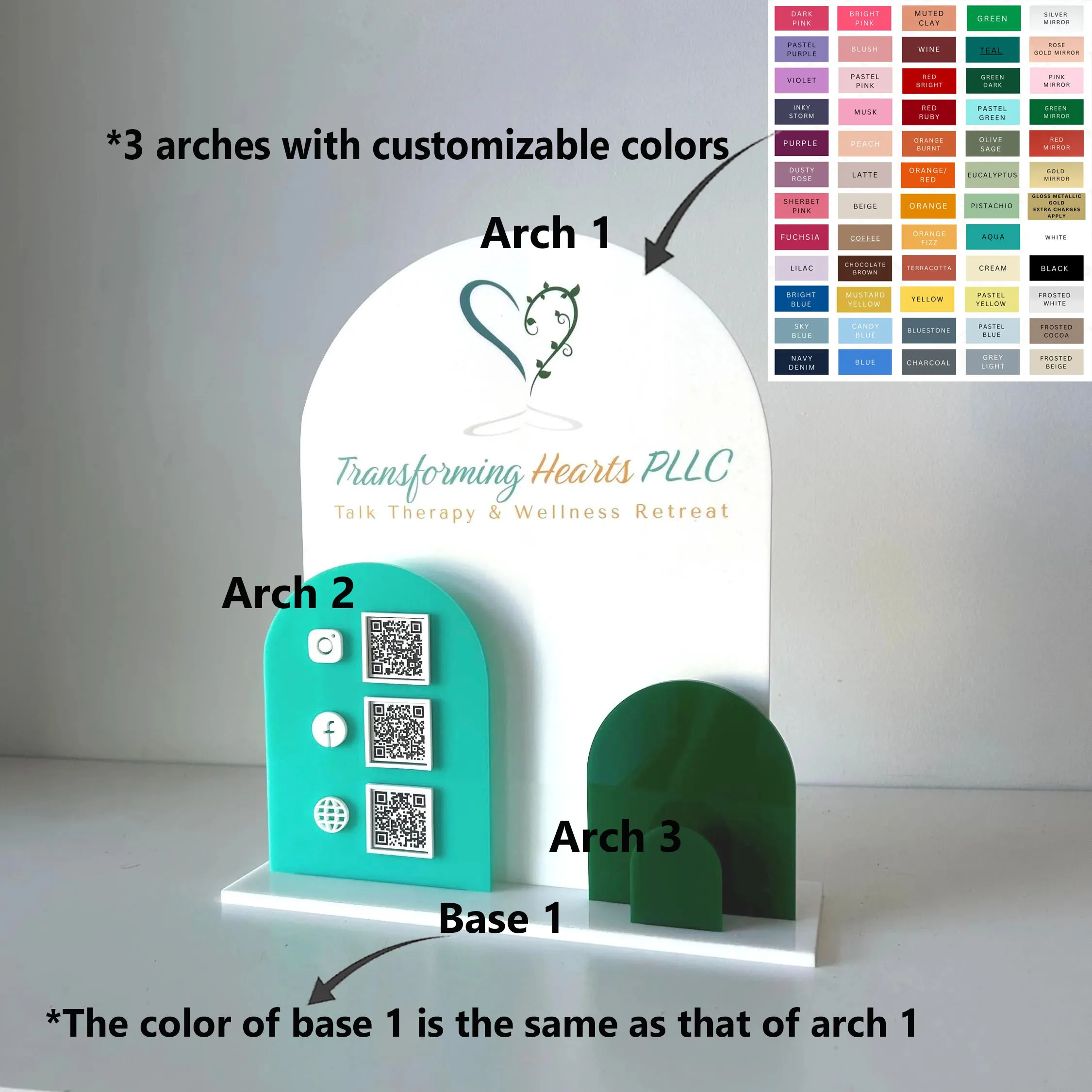 Customizable Multi-Color Arched Acrylic Desktop QR Code Display Stand With Business Card Slot For Social Media Payment Business image 3