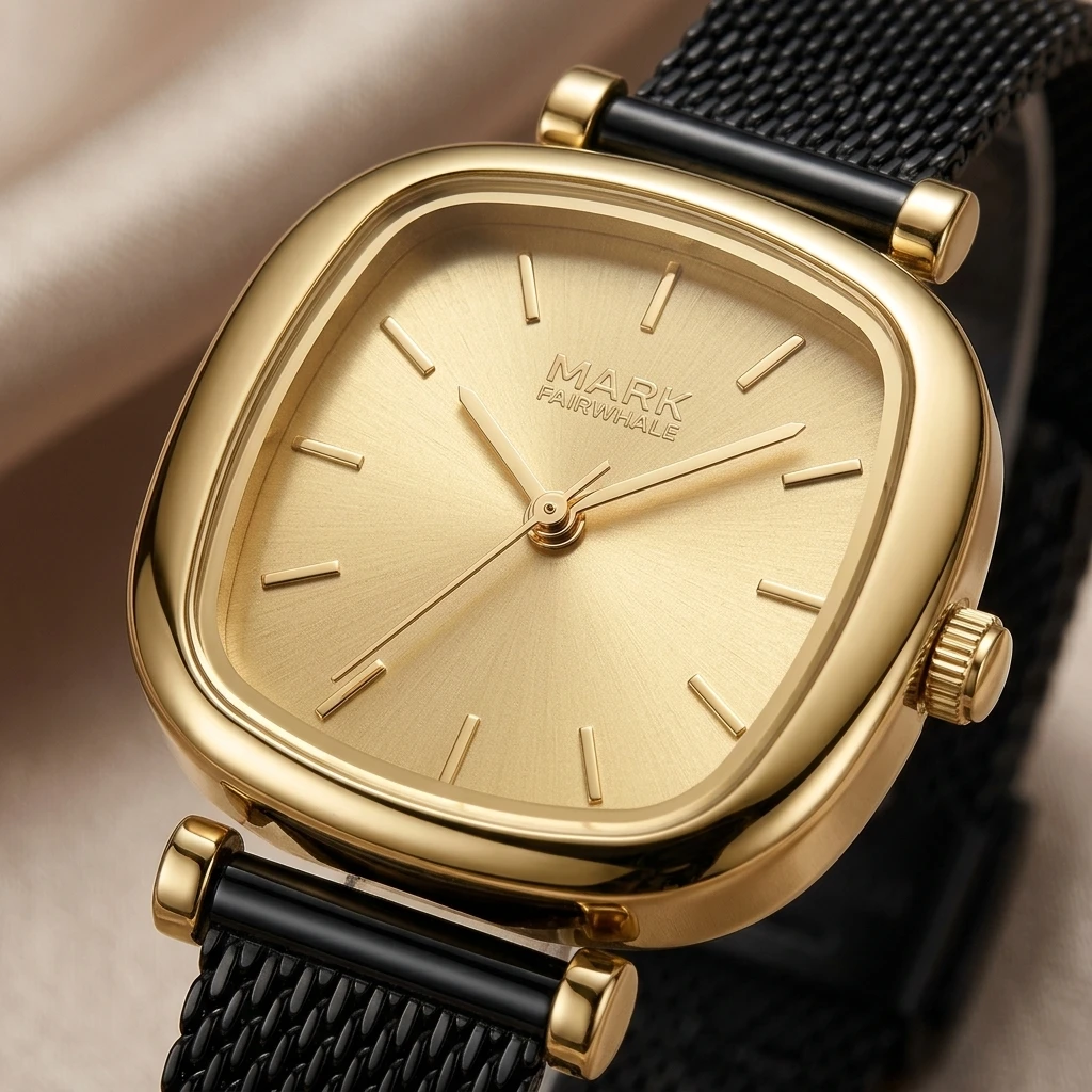 Mark Fairwhale Women Quartz Watch Minimalist Square Dial Mesh Strap Elegant Ladies Wristwatch