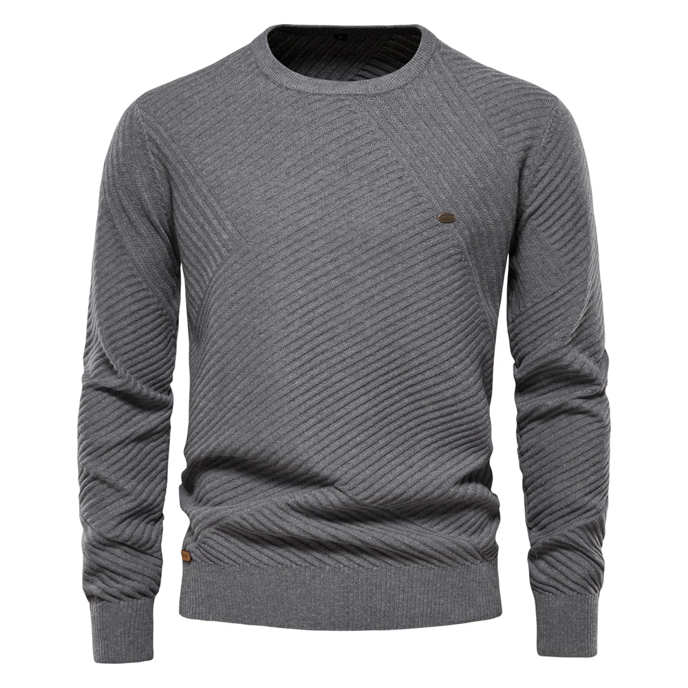 AIOPESON Solid Color Cotton Men\'s Sweater Striped O-Neck Knitted Pullover for Men Casual High Quality New Winter Sweater Men