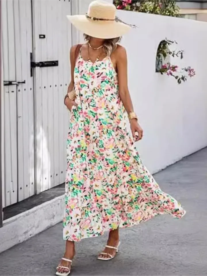 Casual Print Loose Dress For Women Fashion Sleeveless Spaghetti Strap Dresses Lady Boho Holiday Beach Skirt Womens Clothing New