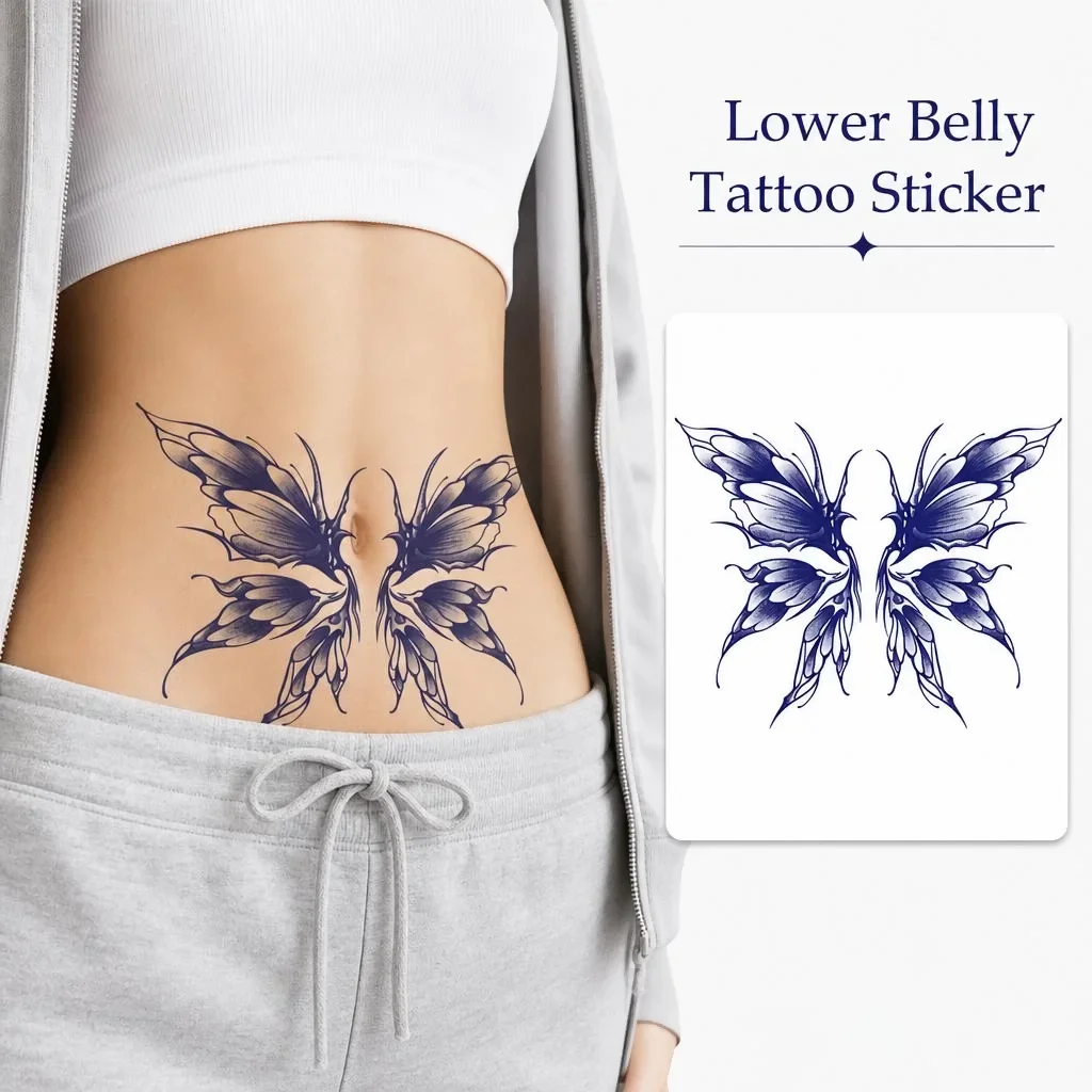 1 Sheet Per Pack Temporary Tattoo Sticker Blue and Black Waterproof Long Lasting Butterfly Floral Fine Line Waist for Women