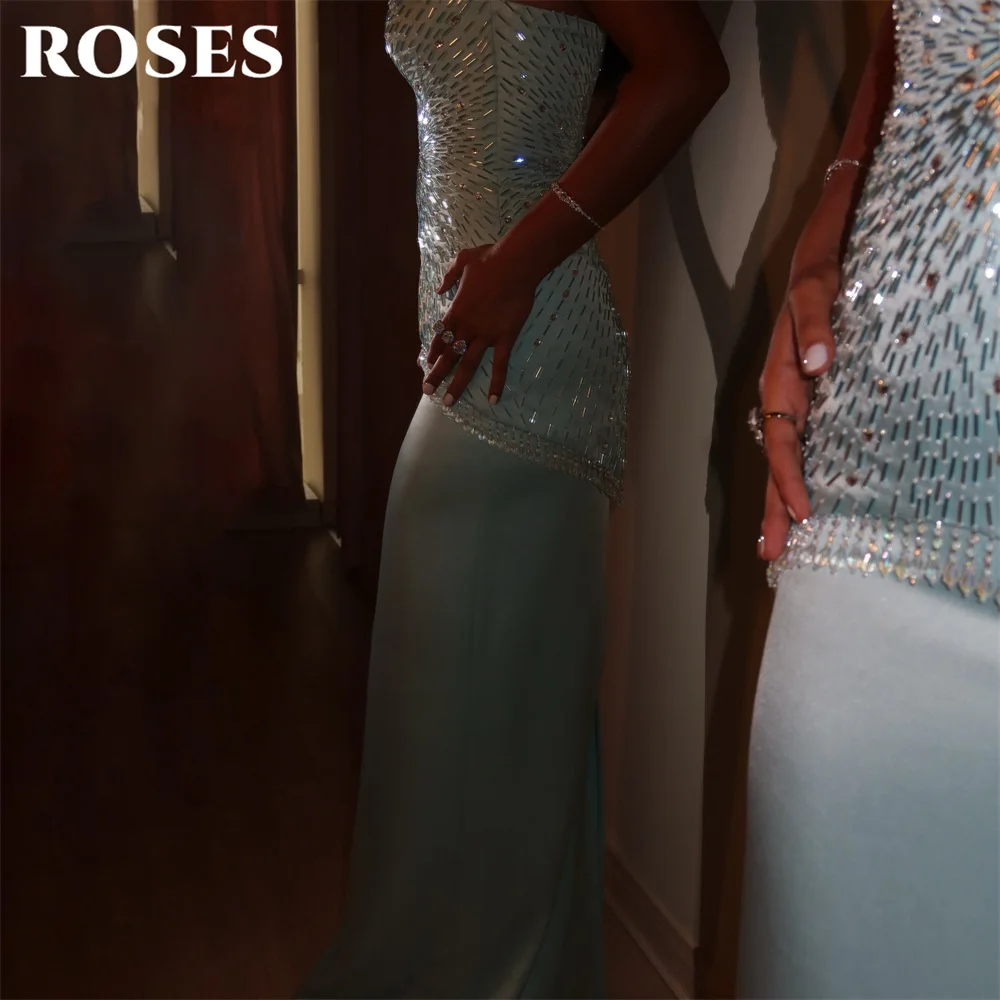 ROSES Sky Blue Evening Gown Strapless Sleeveless Prom Dress Beading On Chest Wedding Evening Dress robes de soirée Customized
