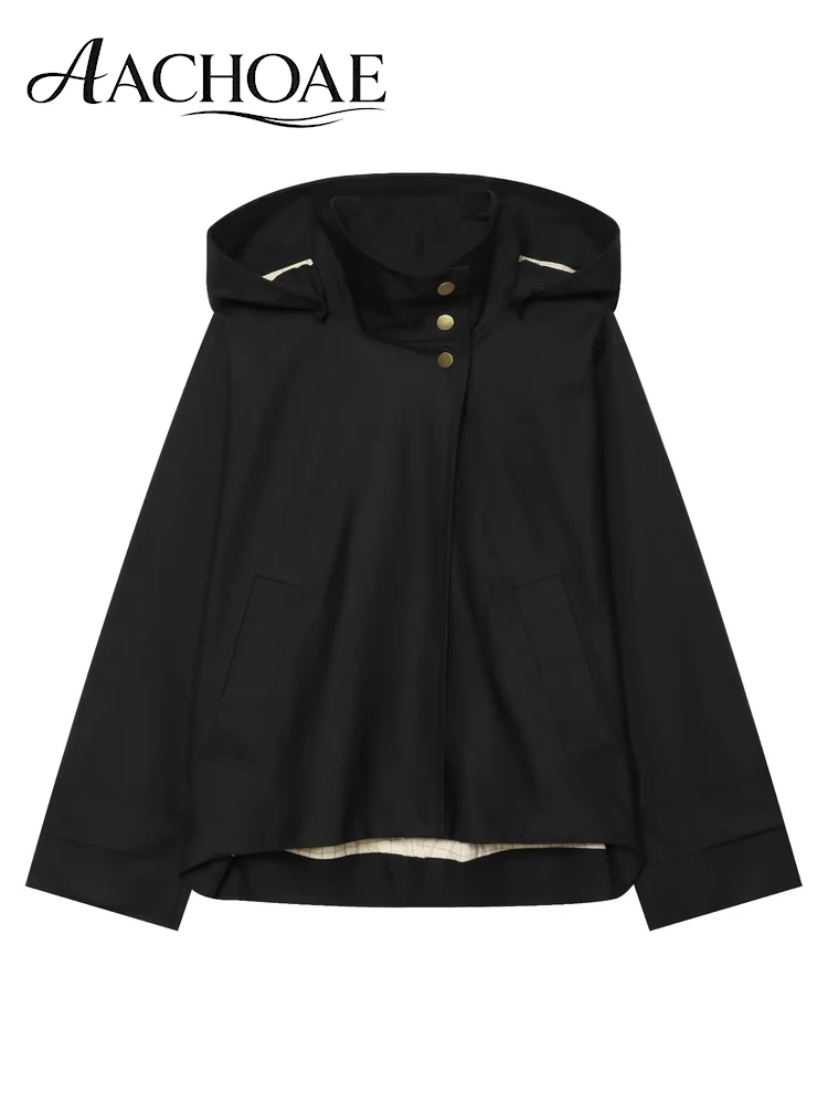 AACHOAE Women Hooded Jacket High Neck Oversized Short Coat Long Sleeve Snap Button Loose Minimalist Casual Outerwear