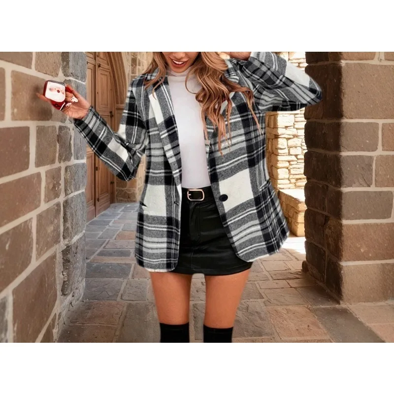 

2025 зимний повседневный красный рождественский клетчатый пиджак, женский пиджак с отложным воротником и длинными рукавами, женский осенний костюм на пуговицах, женское пальто