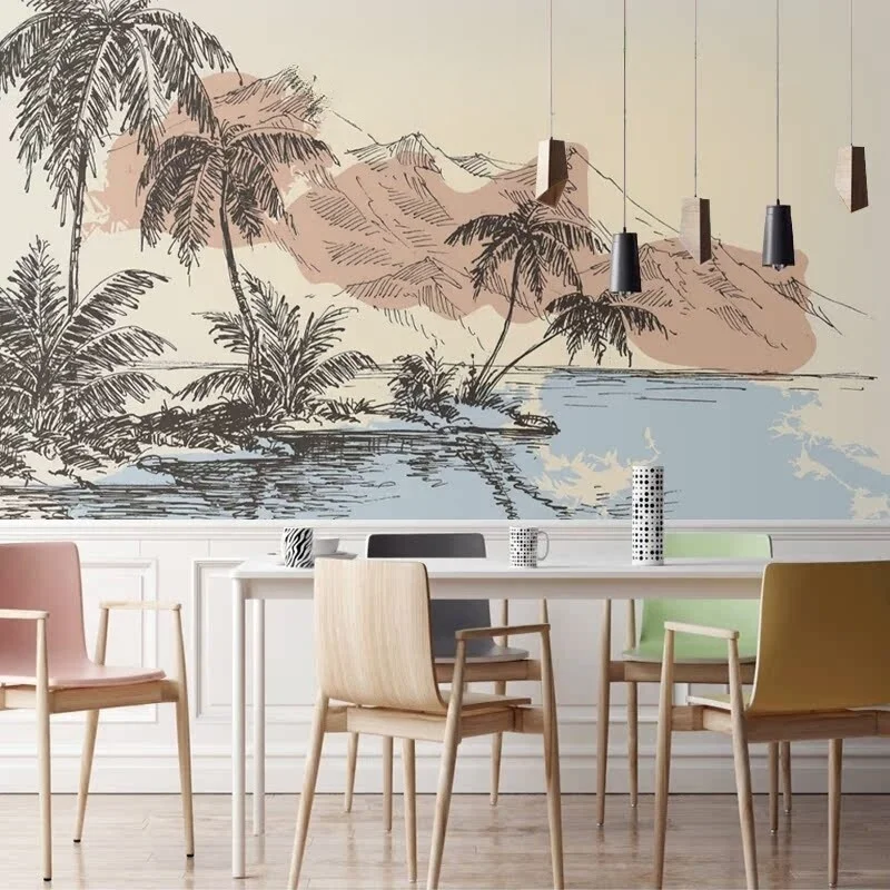 Custom Wallpaper Sketch Tropical Coconut Tree Mountain Landscape Wall Mural Vintage Scenery Wall Paper Living Room Background
