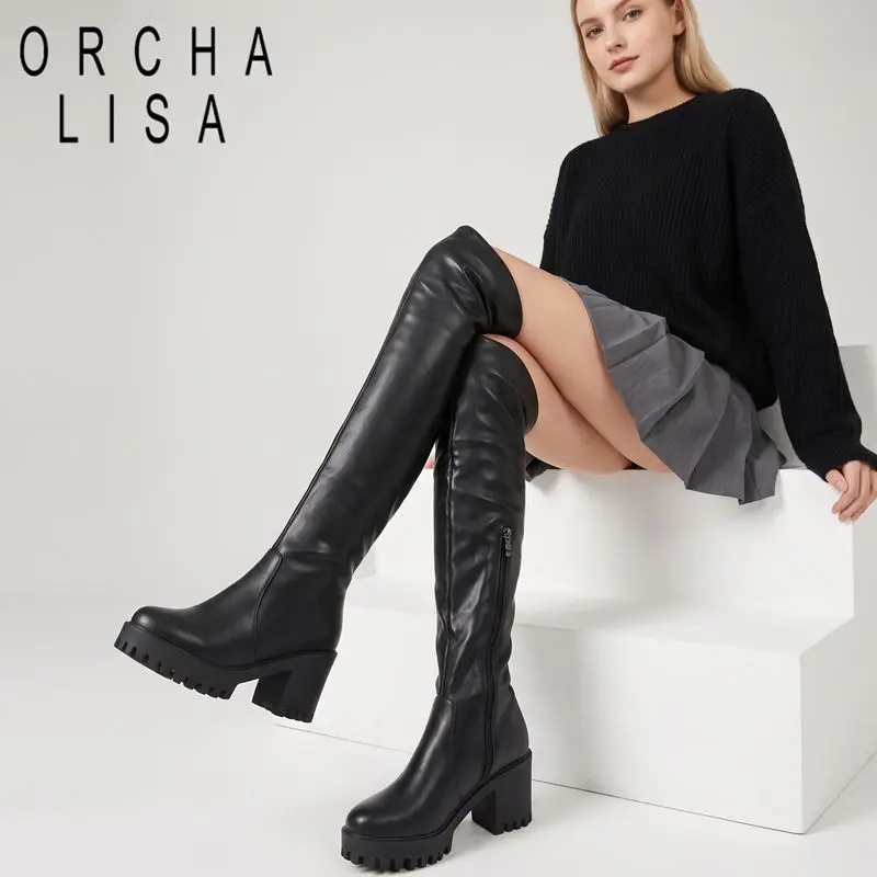 ORCHA LISA Black High Leg Over Knee Boots Almond Toe 4.5cm Lug Heeled Buckle Wide Size 41 42 43 44 45 US14 Red White