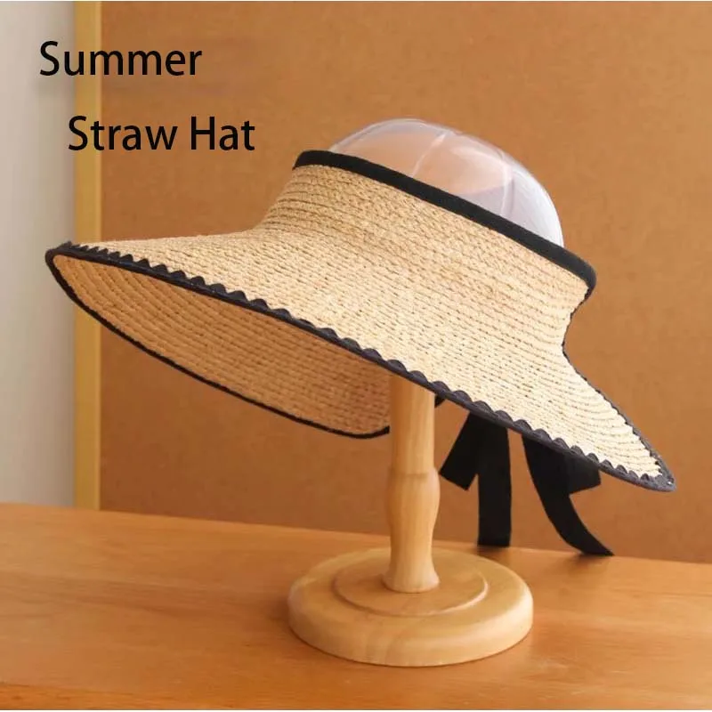 

Franch Style Light Luxury Nature Straw Hat For Women Large Size Brim Sunproof Empty Top Hat Summer Outing Foldable Beach Hat