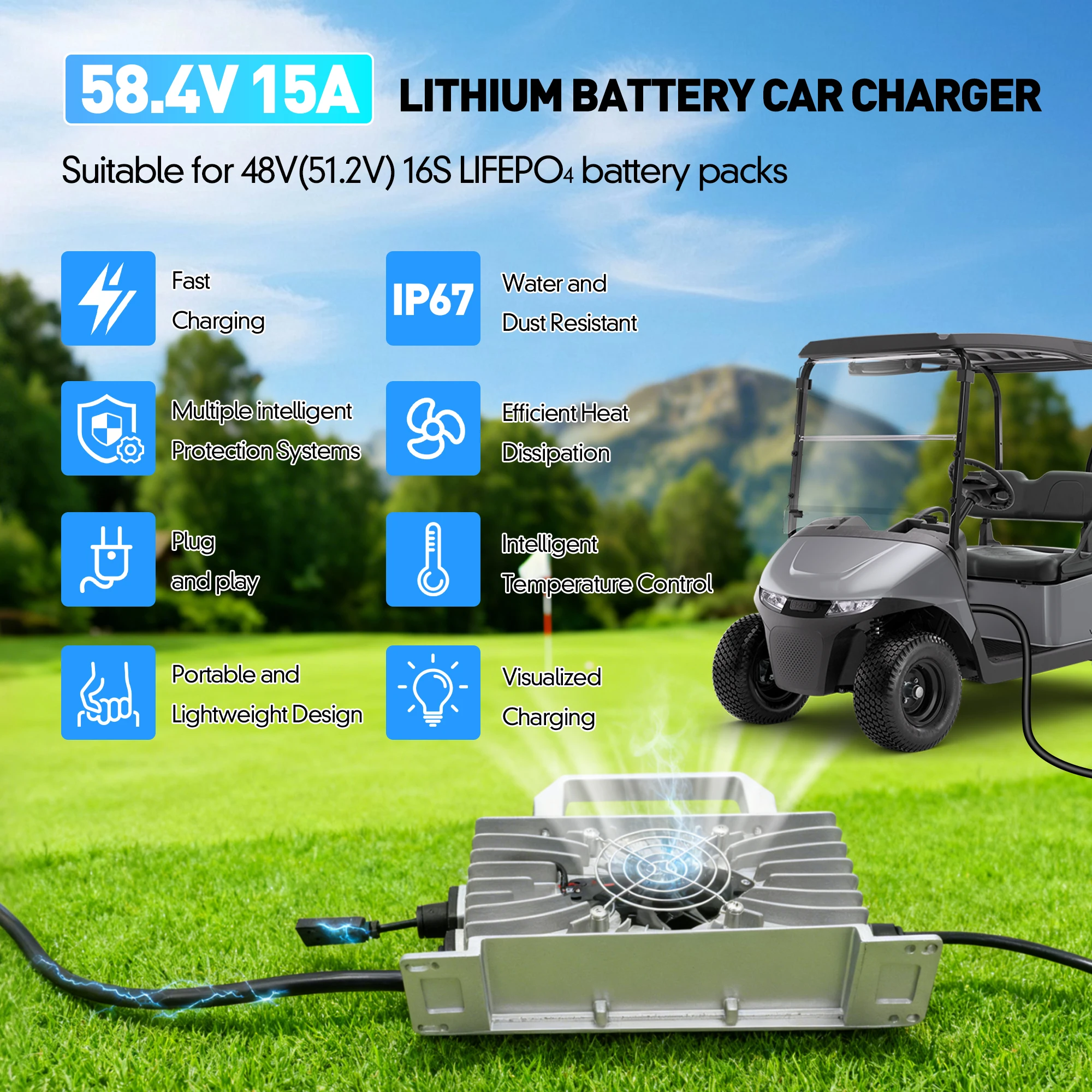 48 فولت 15 أمبير عربة جولف شاحن بطارية D نمط التوصيل ل EZGO TXT عربة جولف IP67 مقاوم للماء بطاريات الرصاص الحمضية #3