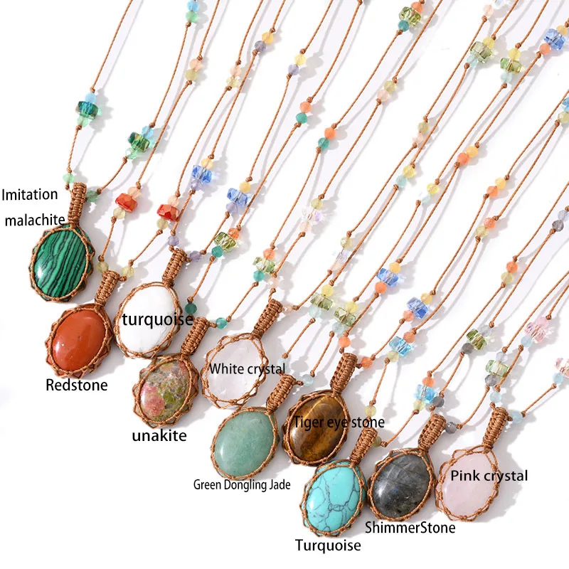 New Macrame Handwoven Necklace Tiger Eye Stone Powder Crystal Natural Stone Pendant for Women Jewelry Gift