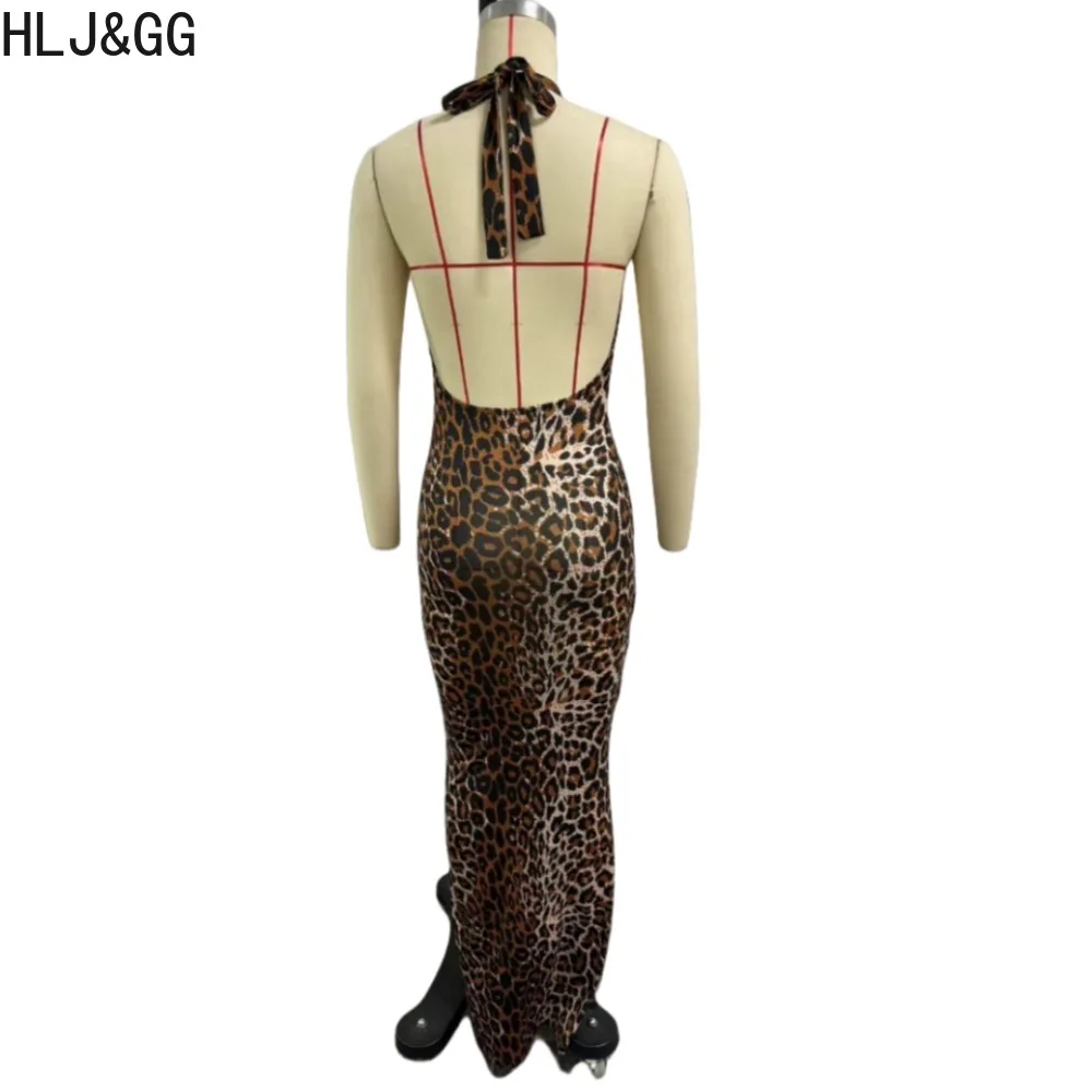 HLJ&GG Sexy Leopard Printing Halter Bandage Bodycon Dresses Women Sleeveless Backless Slim Vestidos Female Hollow Party Clothing