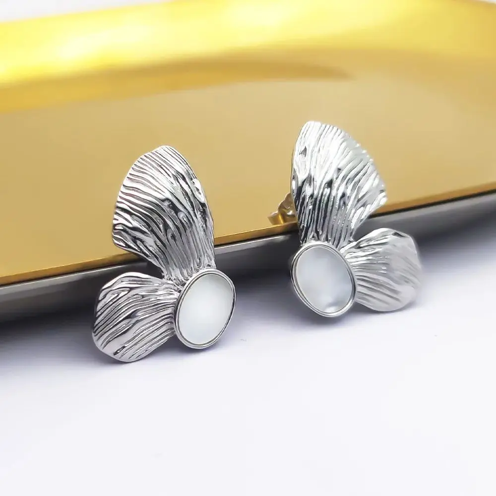 HESHI 925 Sterling Silver White Irregular Textured Wings Shell Inlay Earrings for Woman Large Beautiful Jewelry